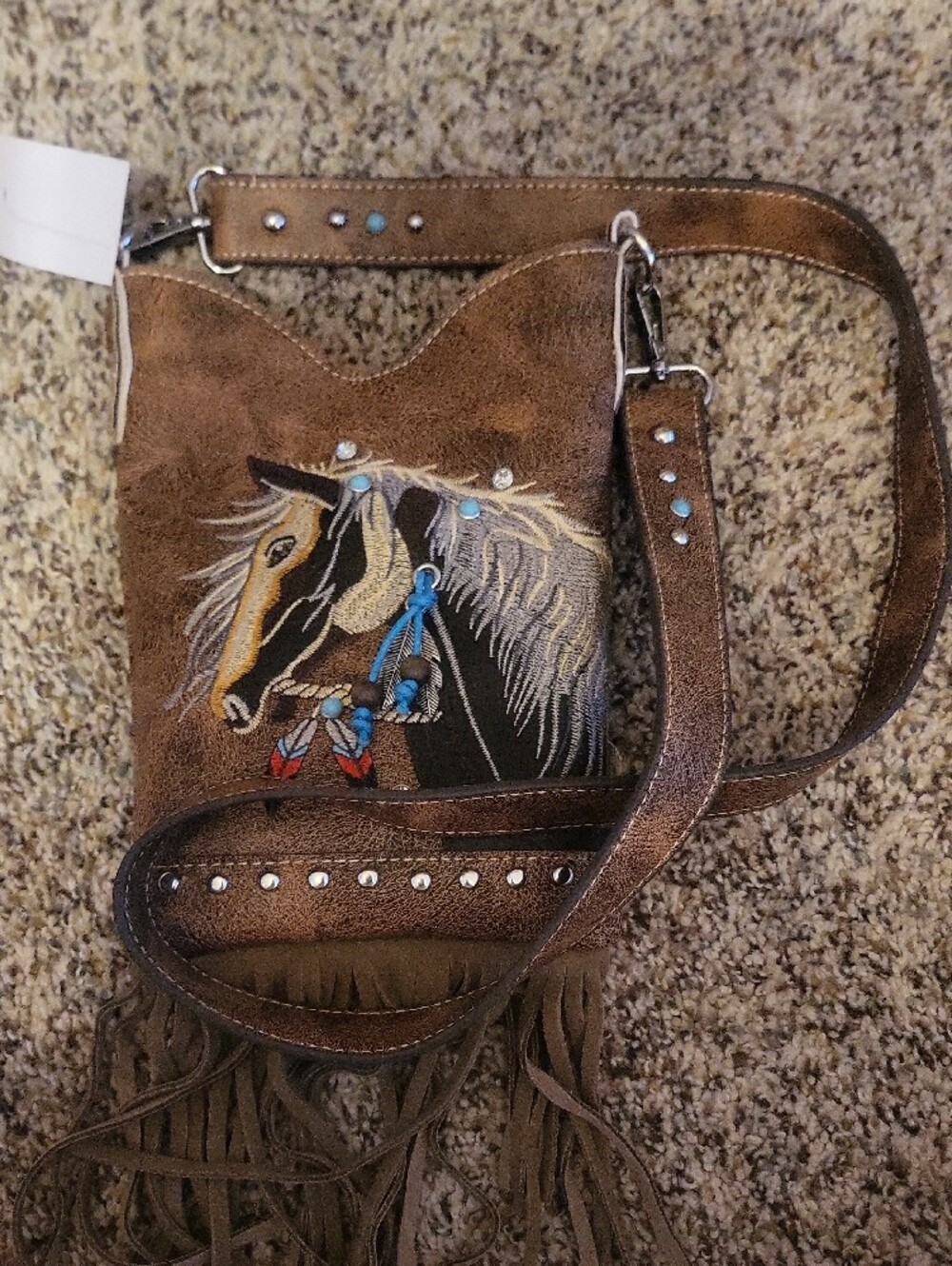 Fringed Brown Horse Embroidered Crossbody Bag with Turquoise Accents - Picture 8 of 15